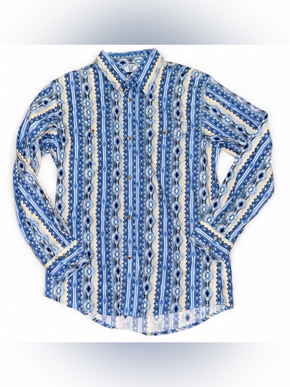 Wrangler Blue and Cream Vertical Pattern Button-Down Shirt Boys Large